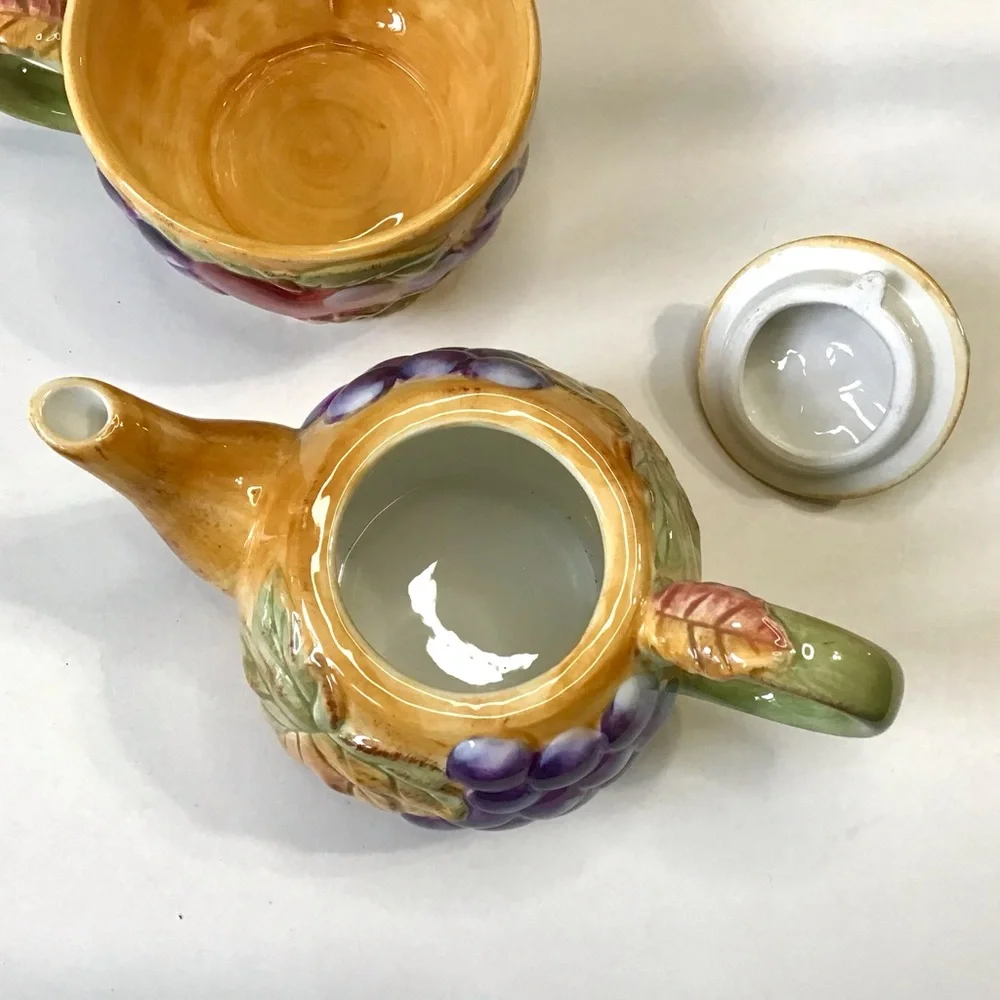 Vintage Gibson Tea For One Stacked Teapot & Cup Set Harvest Pantry Fruit Leaves